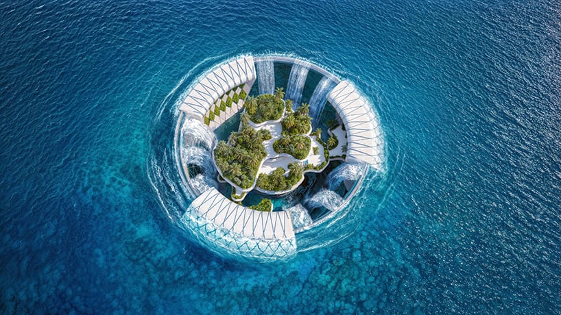 Vista aérea del proyecto conceptual Baobab Waterfall: una estructura circular flotante en el océano, con cascadas artificiales, vegetación tropical y plataformas blancas alrededor de un jardín central.